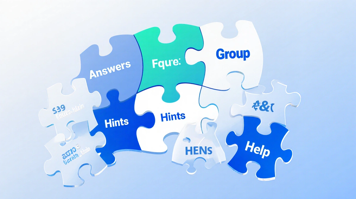 Puzzle pieces interlock into a grid with labels Answers Hints Help and a calming gradient background evoking clarity.