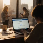 Person sits at desk with laptop showing Facebook login under warm light while cityscape scrolls behind.
