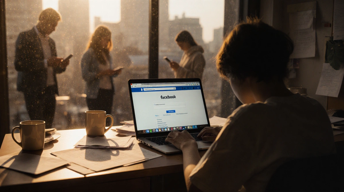 Person sits at desk with laptop showing Facebook login under warm light while cityscape scrolls behind.