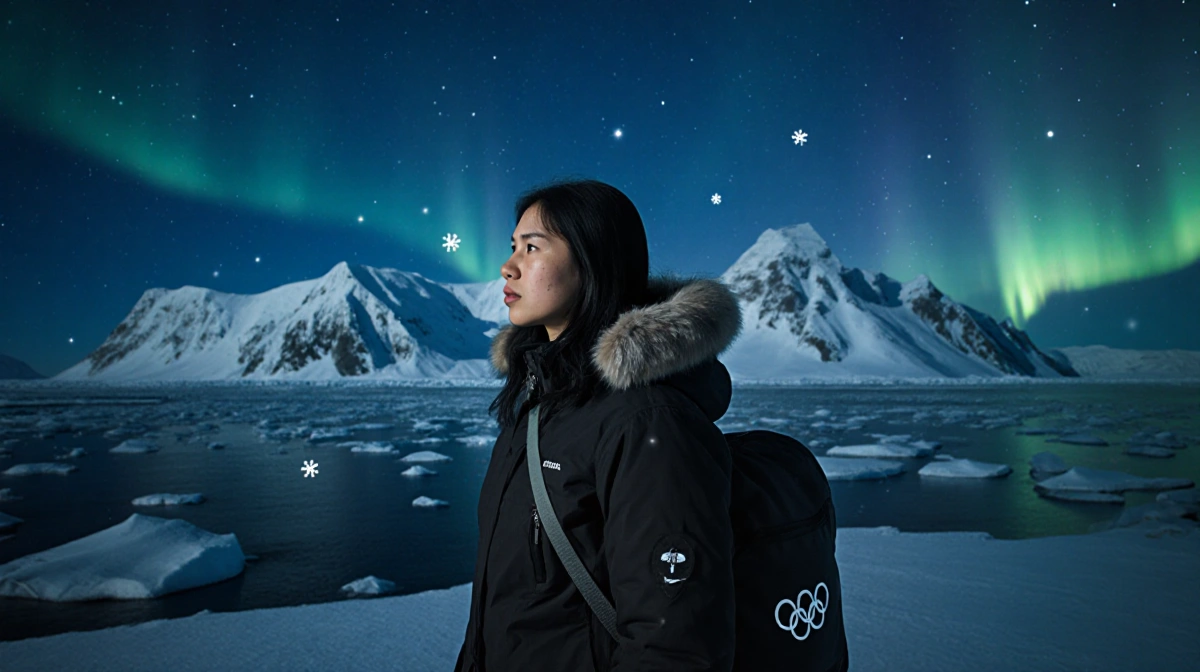 Inuit woman stands at icy fjord with aurora lights overhead and Olympic biathlon gear bag on shoulder