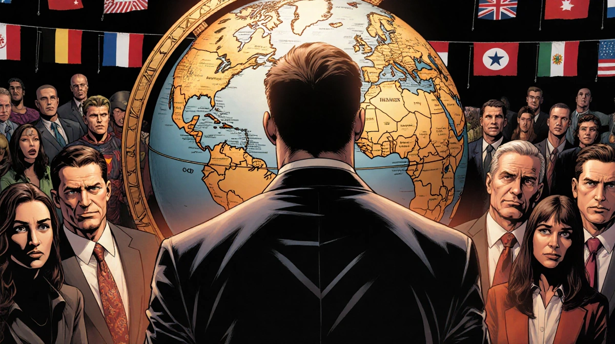 Mark Grayson stands before a globe with world leaders and superheroes gathered around him showing global politics
