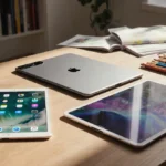 Three iPads arranged on a wooden desk with natural light and creative tools scattered around