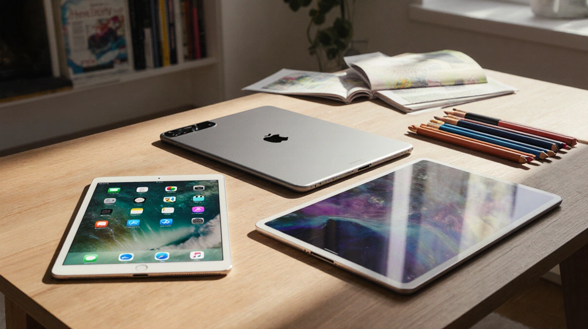 Three iPads arranged on a wooden desk with natural light and creative tools scattered around