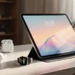 iPad Pro rests on coffee table with Apple accessories and soft natural light.