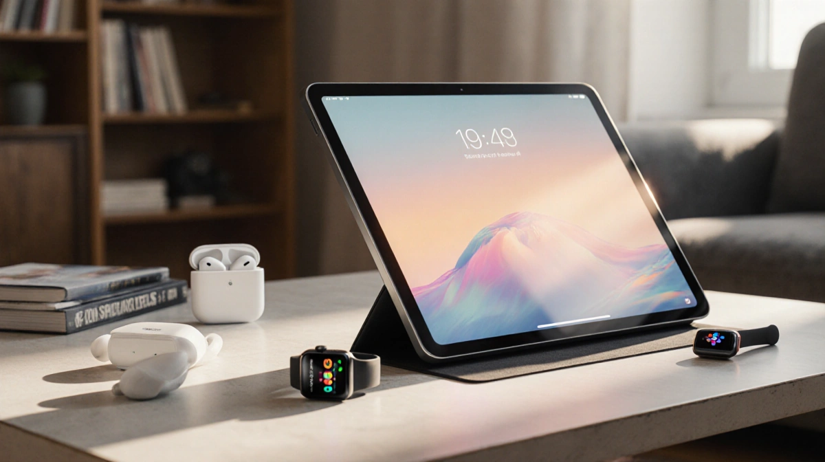 iPad Pro rests on coffee table with Apple accessories and soft natural light.