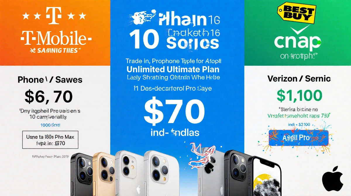 iPhone 16 trade-in offers appear in split-screen with bold savings tiers and bright carrier logos.