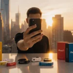 Person holding new iPhone 17 with sunset cityscape background and colorful carrier packaging