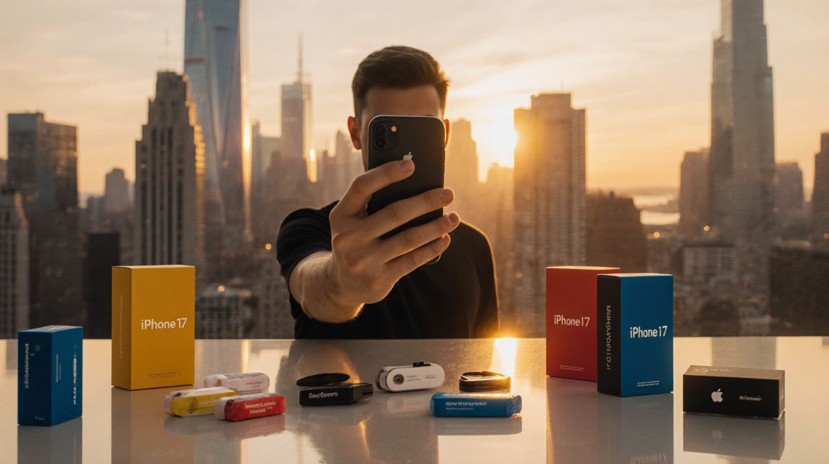 Person holding new iPhone 17 with sunset cityscape background and colorful carrier packaging