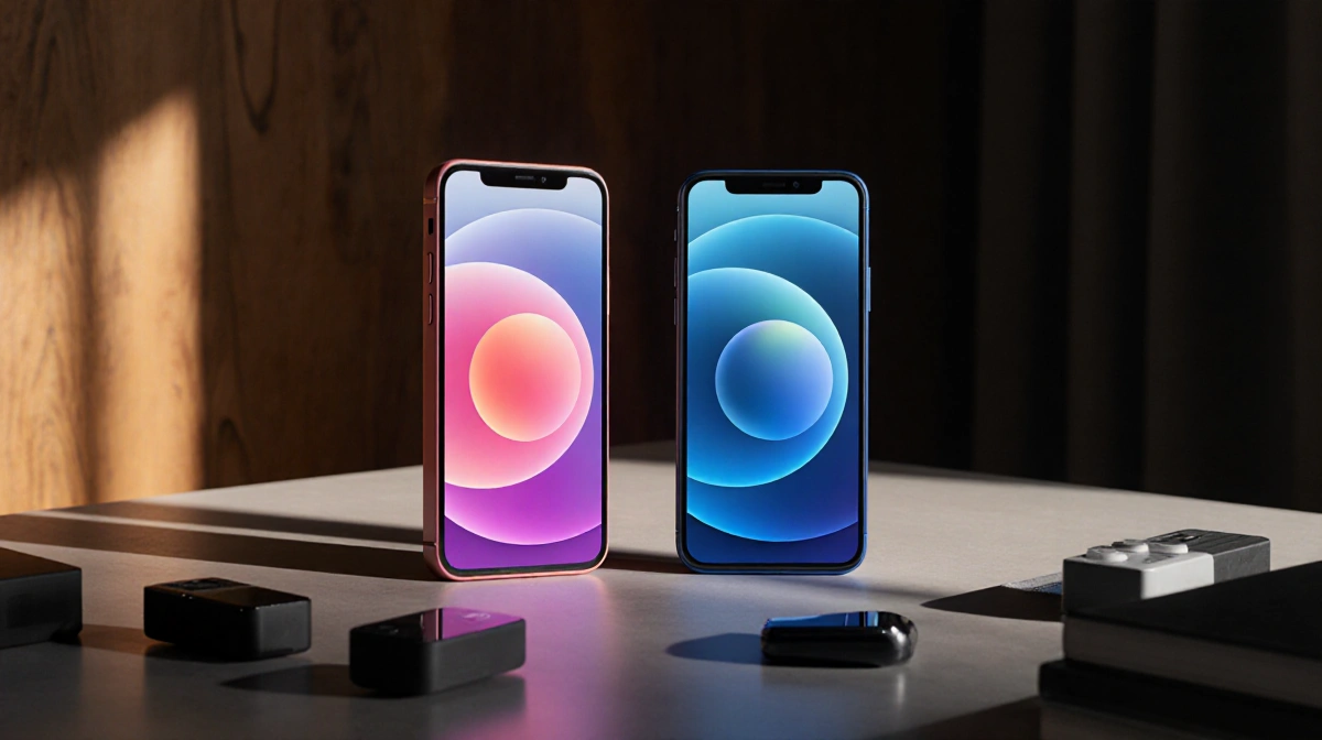 iPhone 17 and iPhone 16 display brighter OLED and vibrant LCD screens with natural light casting subtle glow on wood desk