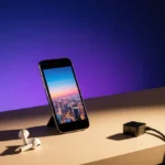 Sleek iPhone 17 sits on a minimalist desk with a gradient background illuminating its screen showing a vibrant cityscape and