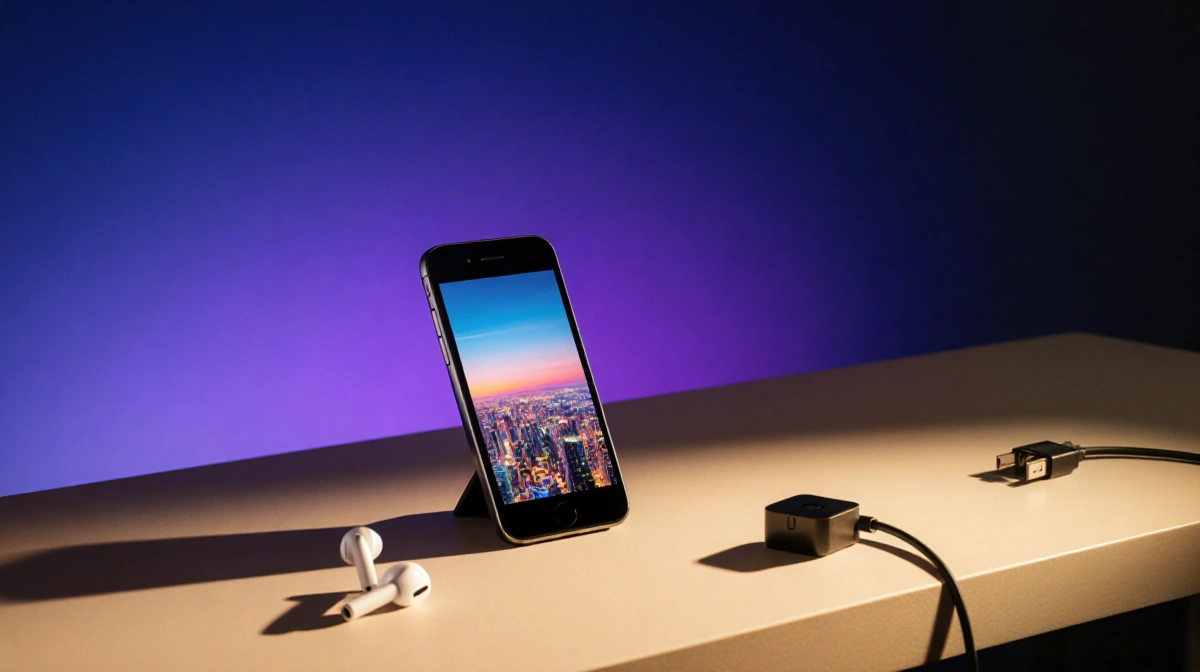 Sleek iPhone 17 sits on a minimalist desk with a gradient background illuminating its screen showing a vibrant cityscape and