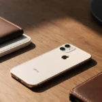 iPhone Air displays bright screen on wooden desk with soft natural light and leather wallet beside it