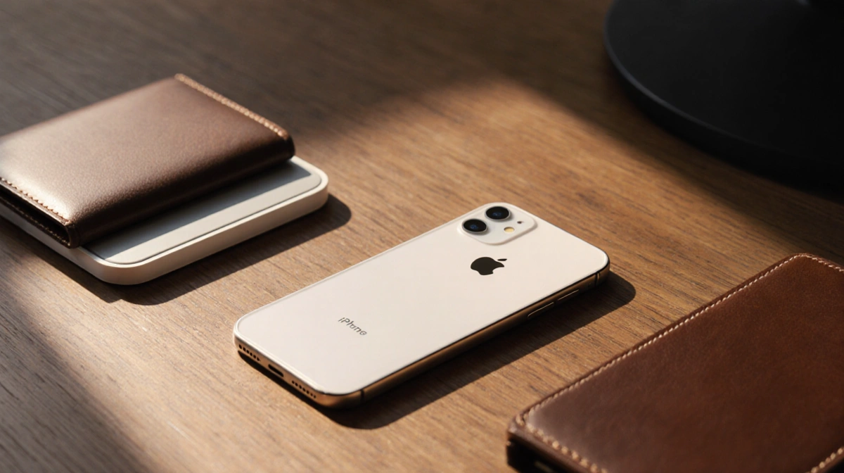 iPhone Air displays bright screen on wooden desk with soft natural light and leather wallet beside it