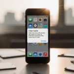 iPhone clearing cache with notification on screen and scattered browser tabs around on desk