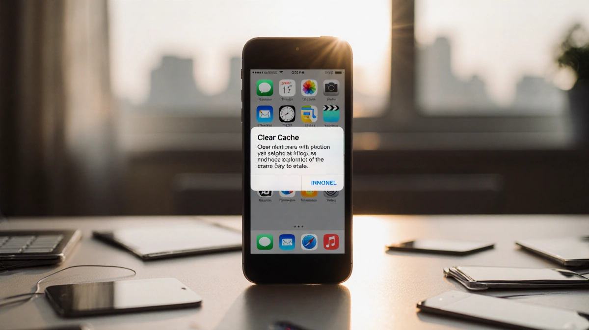 iPhone clearing cache with notification on screen and scattered browser tabs around on desk