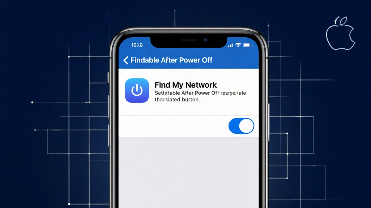 Smartphone displays highlighted power button with glow and grid overlay showing Findable After Power Off notification.