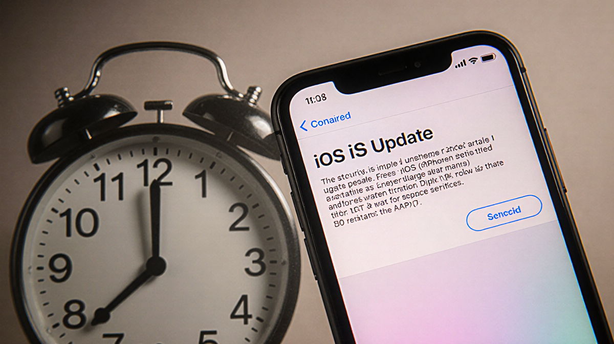 iPhone screen shows iOS update prompt with subtle gradient and a ticking clock on muted gray background.