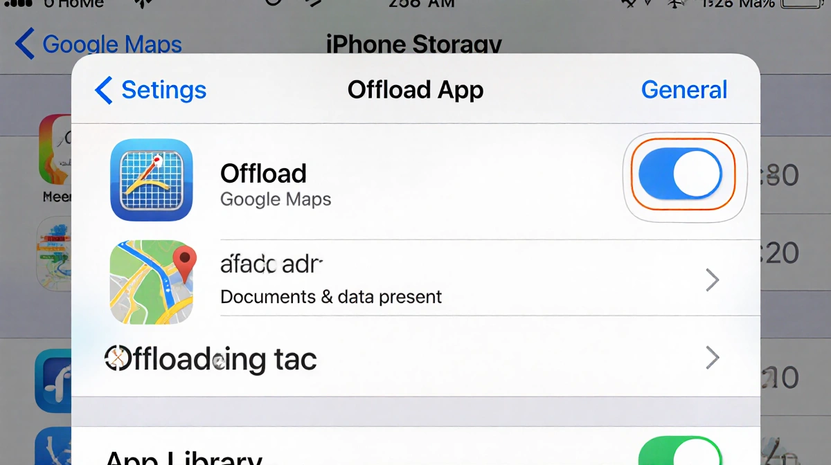 iPhone screen highlights Offload App option with Google Maps icon split into offloaded app and download icon showing data