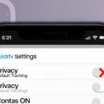 iPhone screen showing Settings privacy toggle ON with a red X and a subtle puzzle piece background