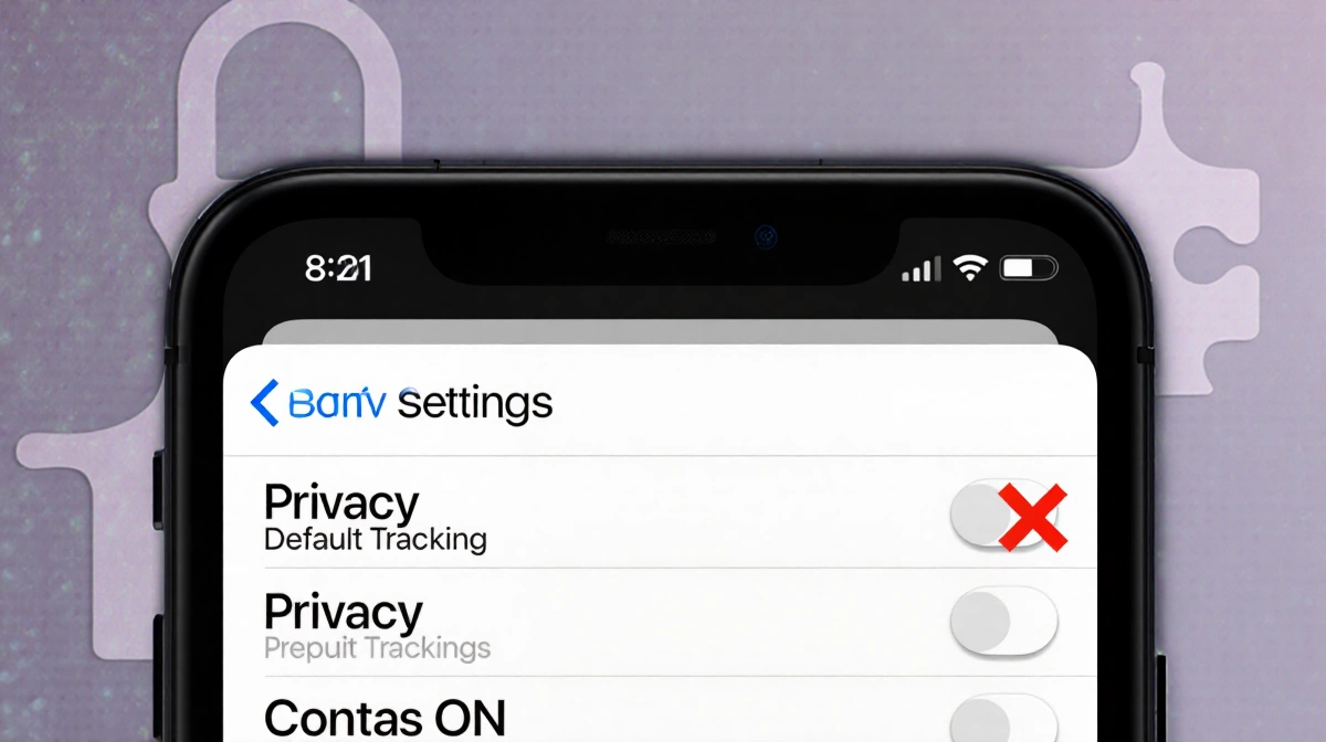 iPhone screen showing Settings privacy toggle ON with a red X and a subtle puzzle piece background