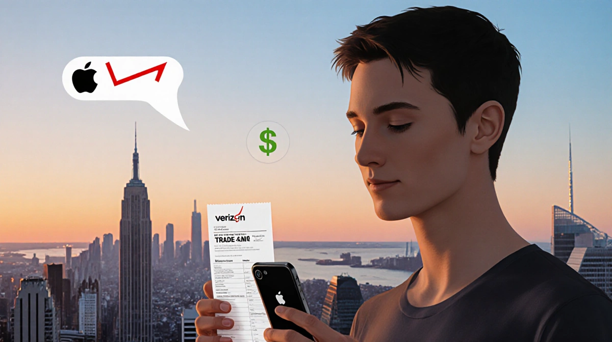 Person holding iPhone and trade-in receipt with city skyline at sunset and subtle savings icon