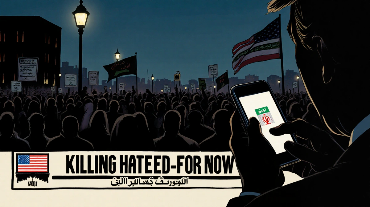 Protesters gather at dusk with news ticker showing killing halted and American flag visible in Iranian cityscape