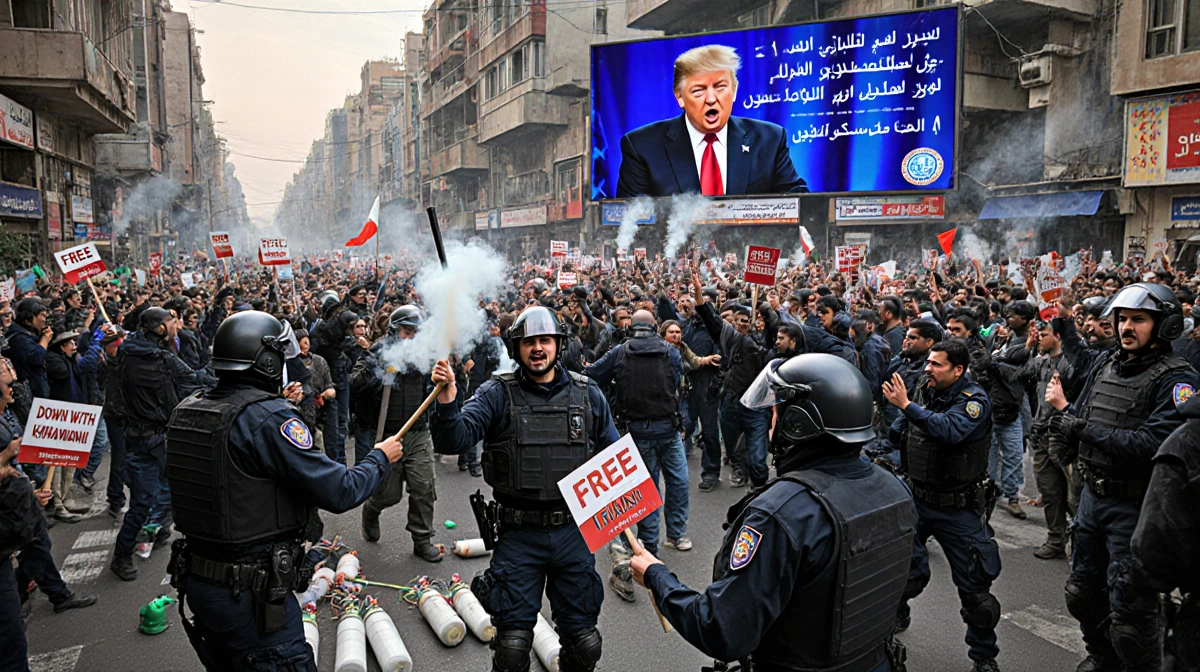 Crowd of protesters chanting with signs Down with Khamenei and Free Iran, police in gear near a TV screen with Trump speech