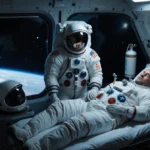 ISS medic examines motionless astronaut with helmet and oxygen tank on bedside table and Earth visible through window