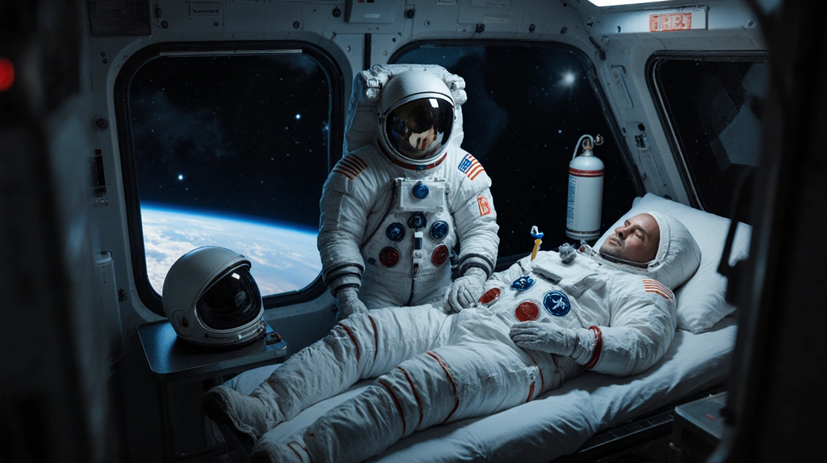ISS medic examines motionless astronaut with helmet and oxygen tank on bedside table and Earth visible through window