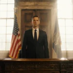 Jack Smith testifying at public hearing with American flags behind courthouse desk and golden light through windows