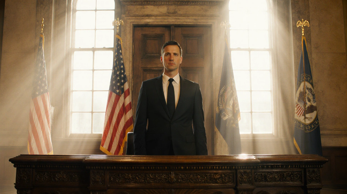 Jack Smith testifying at public hearing with American flags behind courthouse desk and golden light through windows