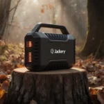 Jackery Explorer 300 Plus portable power station sits on wooden stump with autumn leaves and soft warm light in misty forest