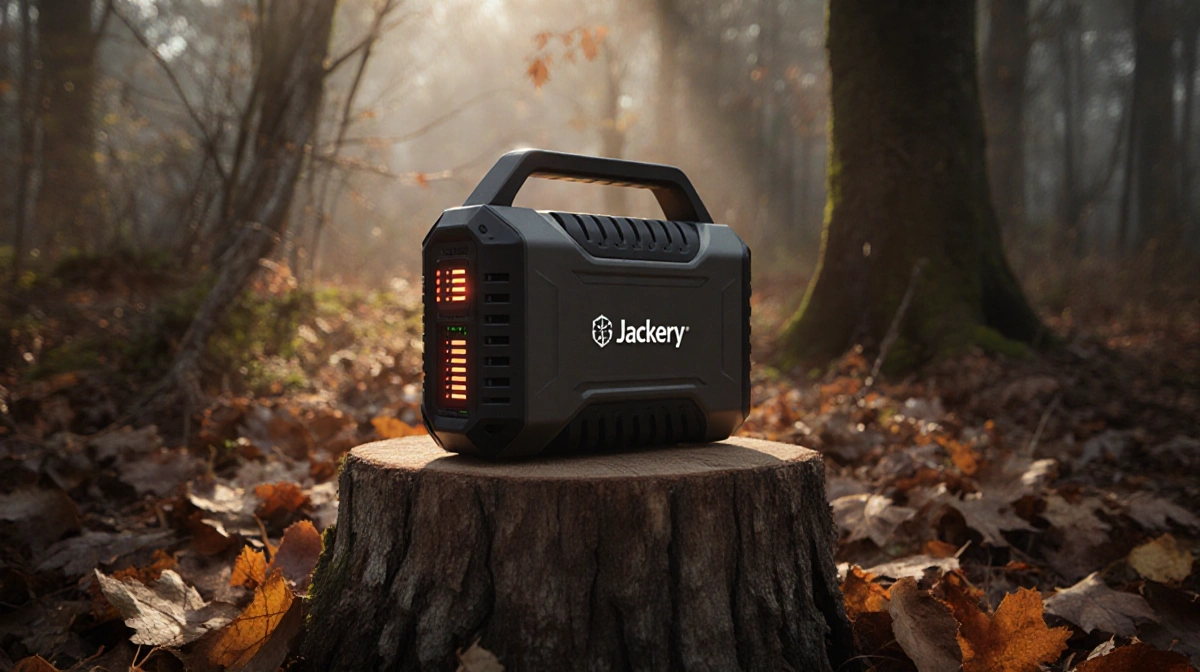 Jackery Explorer 300 Plus portable power station sits on wooden stump with autumn leaves and soft warm light in misty forest