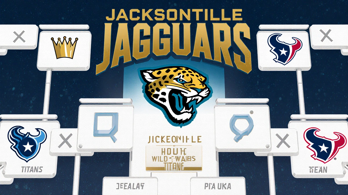 Jacksonville Jaguars bracket top shows gold crown icon and Titans loss marked with X while background shows Houston Texans wi
