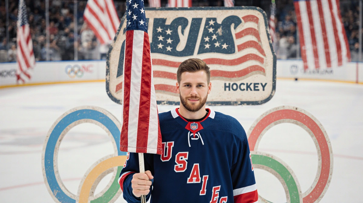 Jake Oettinger holds an American flag with a USA Hockey logo behind him and a hockey stick nearby.
