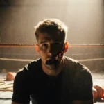 Jake Paul sitting alone in a dim boxing gym with a spotlight on his shattered jaw and a worn ring in background