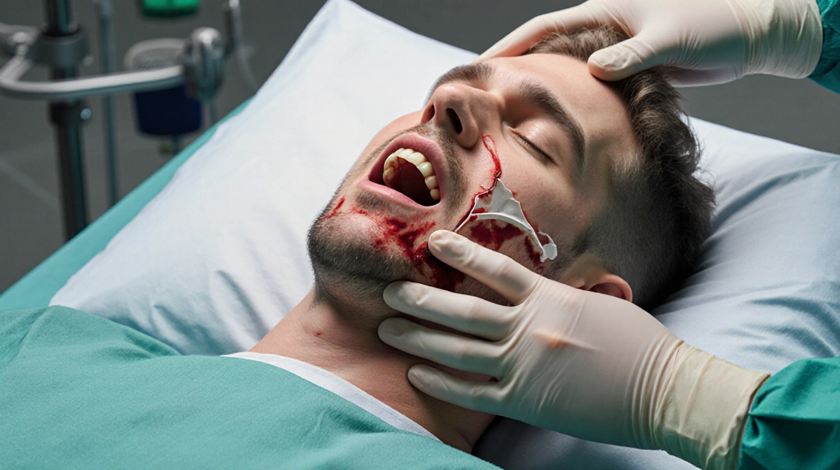 Jake Paul lying on operating table with gloved hand stabilizing head and visible bloodstains showing fractured jaw surgery