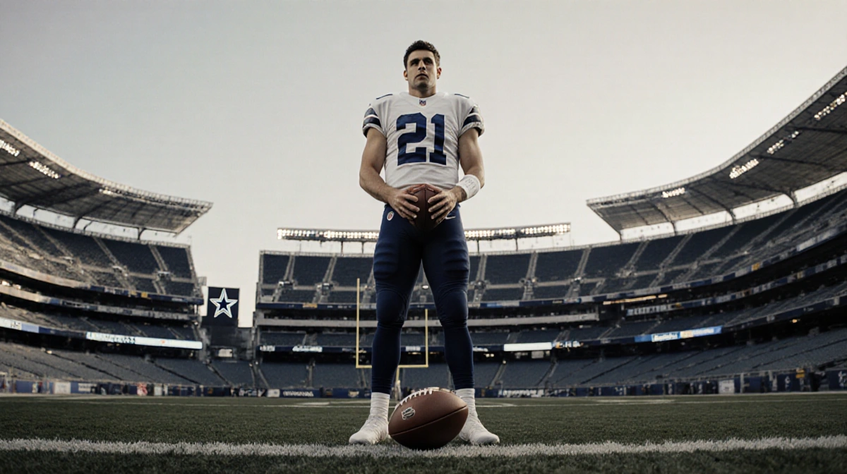 Jarrett Stidham stands on empty field with football and Cowboys logo showing his determined leadership