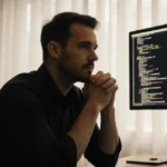 Jason Kreissl sits with clasped hands at his desk with computer screens showing code and warm lighting highlighting privacy c