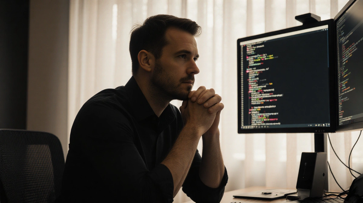 Jason Kreissl sits with clasped hands at his desk with computer screens showing code and warm lighting highlighting privacy c