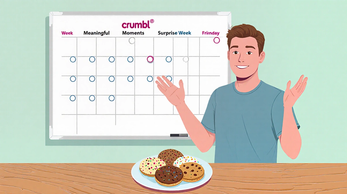 Jason McGowan explaining his vision with calendar grid and cookie flavors on wooden surface