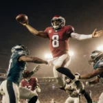 Jauan Jennings throws touchdown pass to leaping Christian McCaffrey with Eagles defenders nearby and stadium lights glowing