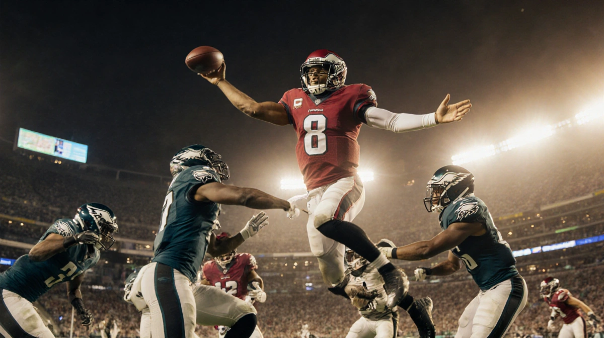 Jauan Jennings throws touchdown pass to leaping Christian McCaffrey with Eagles defenders nearby and stadium lights glowing