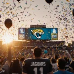 Jaguars fans cheering with confetti and balloons at sunset football stadium victory celebration