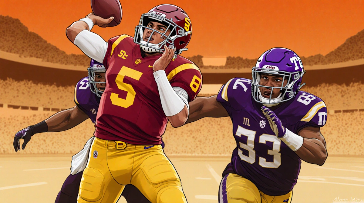 Jayden Maiava throws a pass with TCU defenders closing in and warm stadium colors in the background