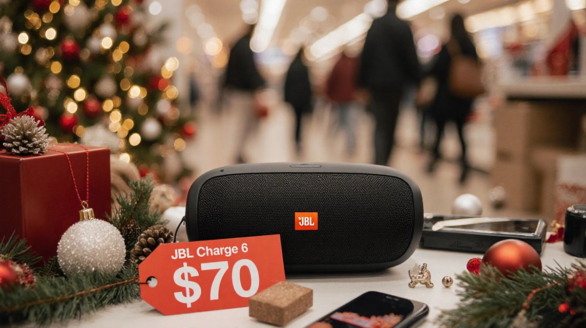 JBL Charge 6 speaker placed on a desk with a bright red price tag highlighting a $70 discount with shoppers browsing behind.