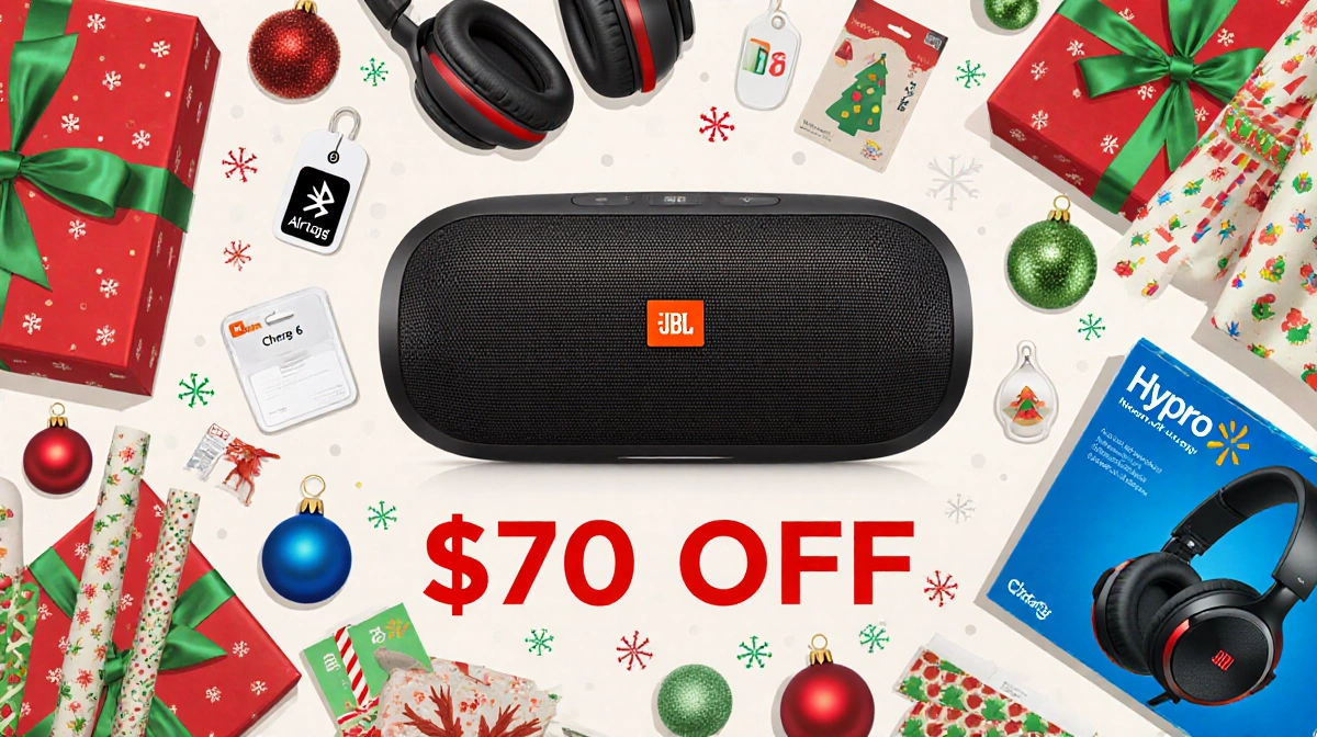 JBL Charge 6 speaker stands center on cluttered holiday gift table with bright $70 discount and Apple AirTags nearby