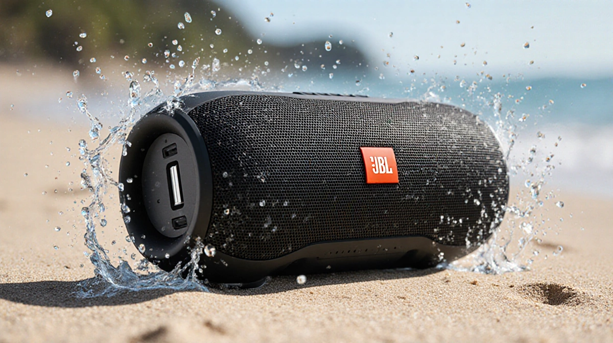 Bluetooth speaker JBL Flip 6 radiates a woofer surrounded by water droplets and sand showing USB-C port and PartyBoost