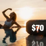 Active person enjoying JBL Flip 6 speaker with sunset beach backdrop and $70 price tag