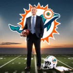 Jeff Hafley stands confidently with football and Dolphins helmet on field with sunset over ocean